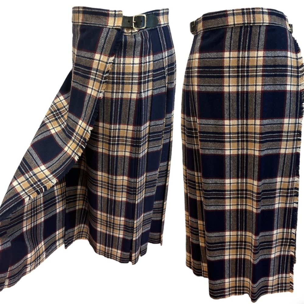80s WOOL PLAID TARTAN KILT SKIRT W LEATHER BUCKLES TALLY HO BRITISH MADE 10